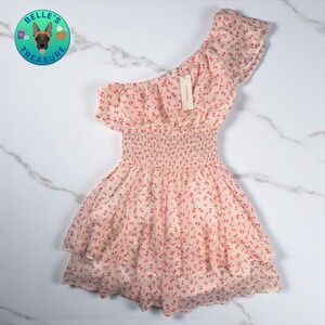 Francescas One Shoulder‎ Mini Dress Pink Bow Print Ruffle Smocked Shimmer Medium